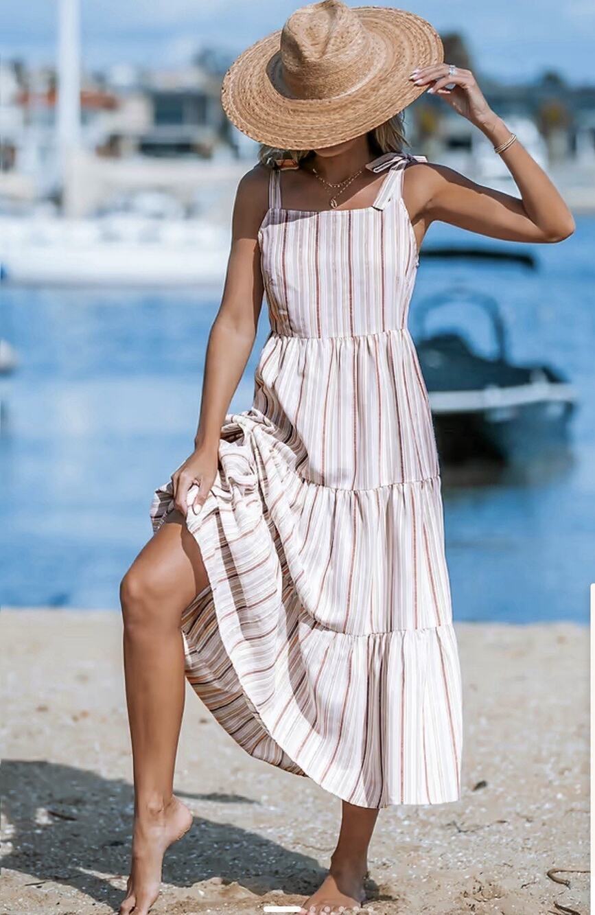 CUPSHE Striped Square Neck Tie Shoulder Maxi Dress Beach Cover Up Size S NWT